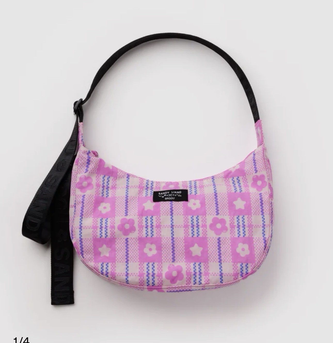 BAGGU X Sandy Liang Medium Nylon Crescent Bag in Market Plaid Pink (Flowers)