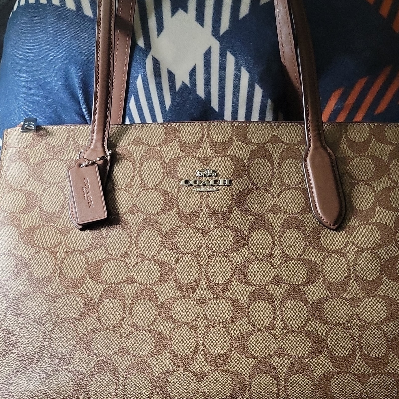 Coach Signature Logo Tote Zip Top Brown/Beige w/ Charm Silver Hardware