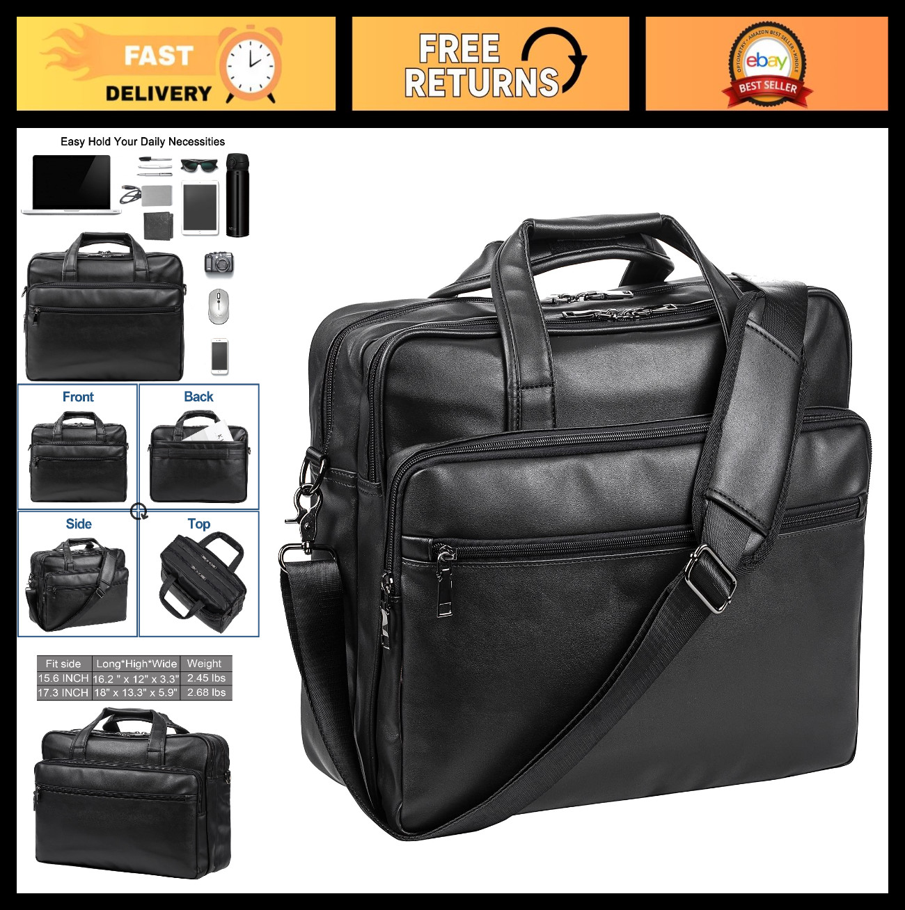 Leather Laptop Bag for Men – 15.6″ & 17.3″ Messenger Briefcase, Business Satchel