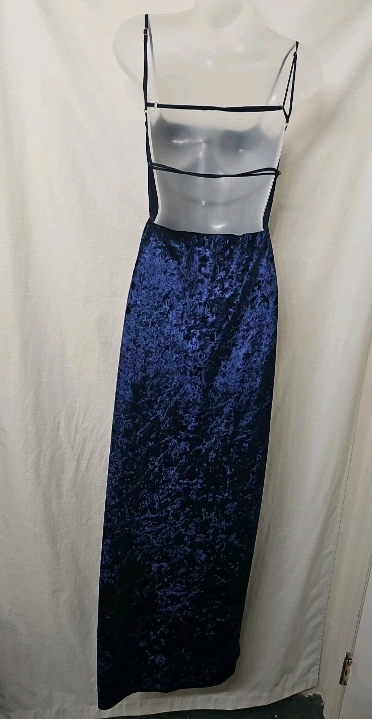 Womens Sz Lg Blue Crushed Velevet Maxi Dress High Slit Spaghetti Strap Stretch