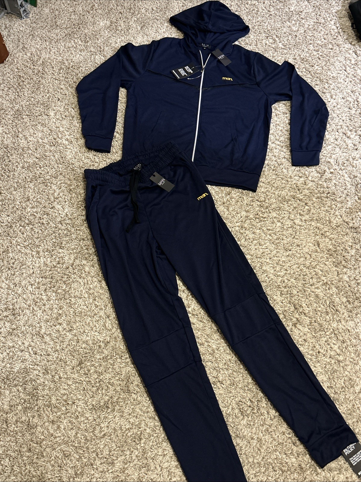 boohooMAN 2 Pc Zip Up Jacket Pants Men’s Medium Blue Drawstring Jogger Set NWT!!