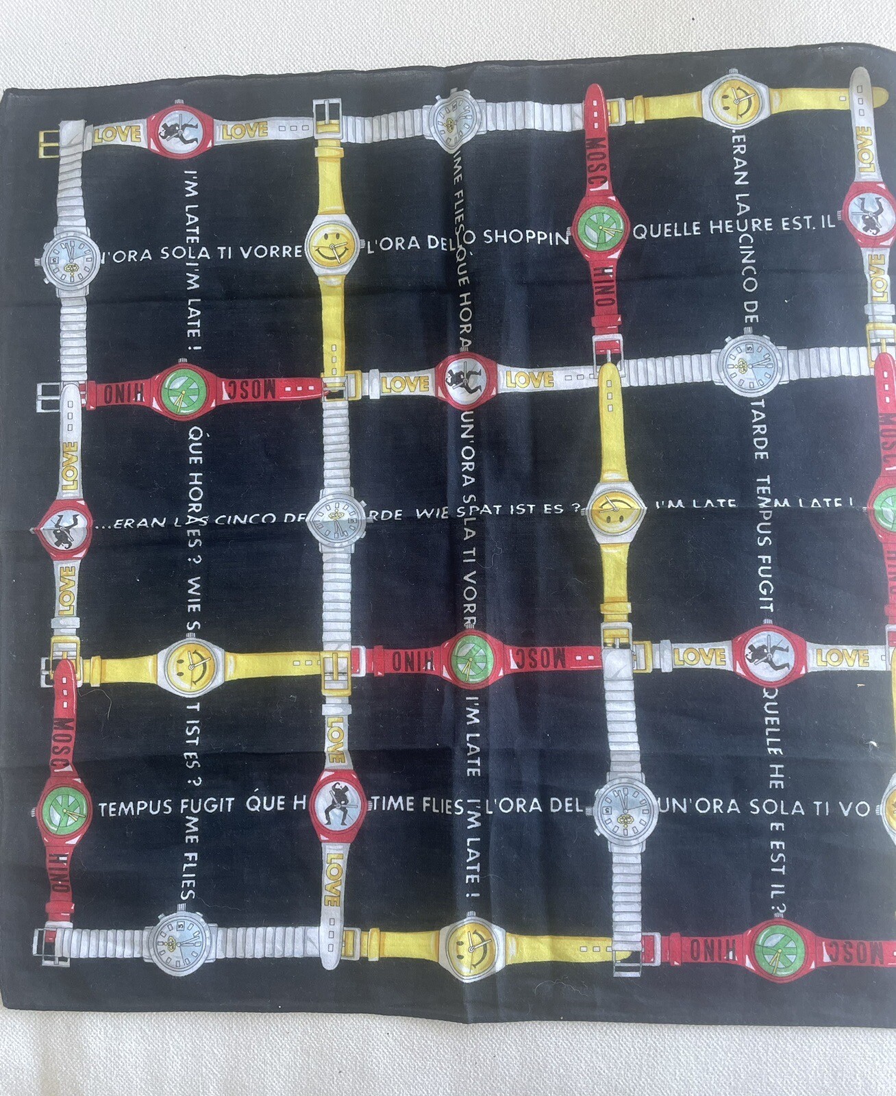 Moschino Cotton Scarf with Watches Design 16 1/2 inches Square