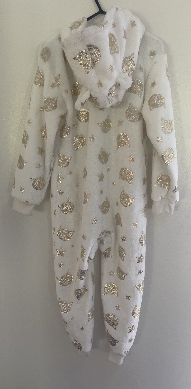 TCP Kids Girls 1-Piece Gold Cat & Stars Print Cozy Fleece Hooded PJs White XS 4