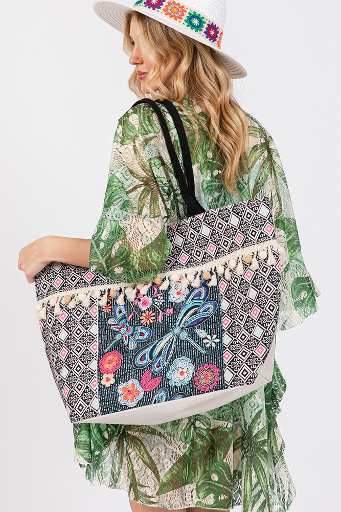 Anthropologie Style Women Boho Pattern Dragonfly Tassel Beach Resort Tote Bag