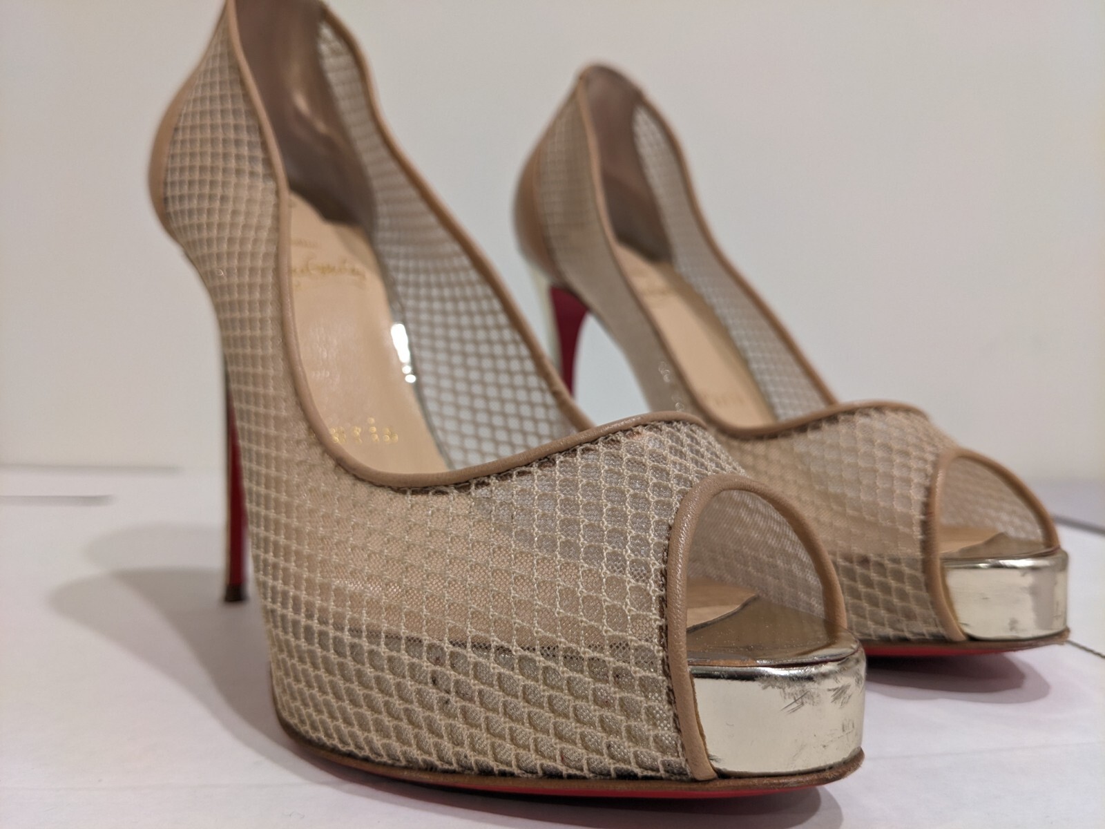 Christian Louboutin 37.5 Nude Very Rete 115mm Red Sole Mesh Fishnet Pumps