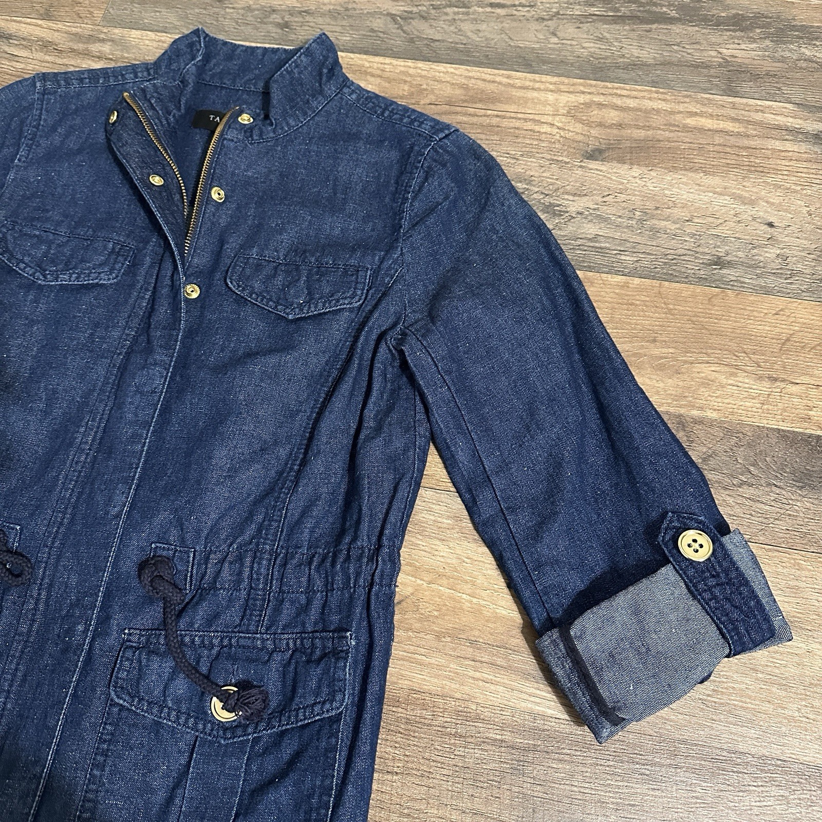 TALBOTS Safari Hemp Blend Zip Jacket Front Pocket Denim Wash Womens Petite Small