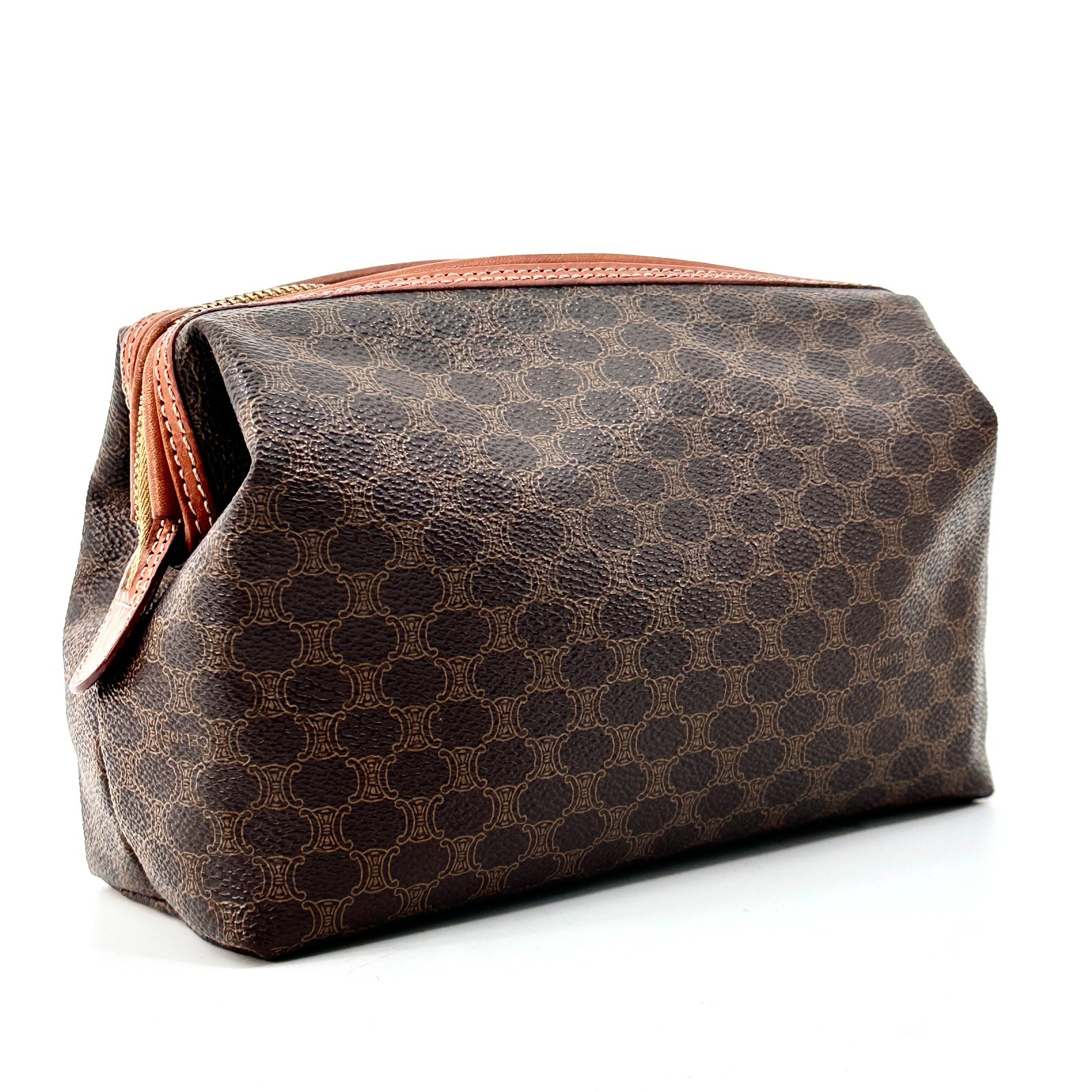 CELINE Vintage Macadam Vanity Clutch Bag Purse Cosmetic Pouch Brown