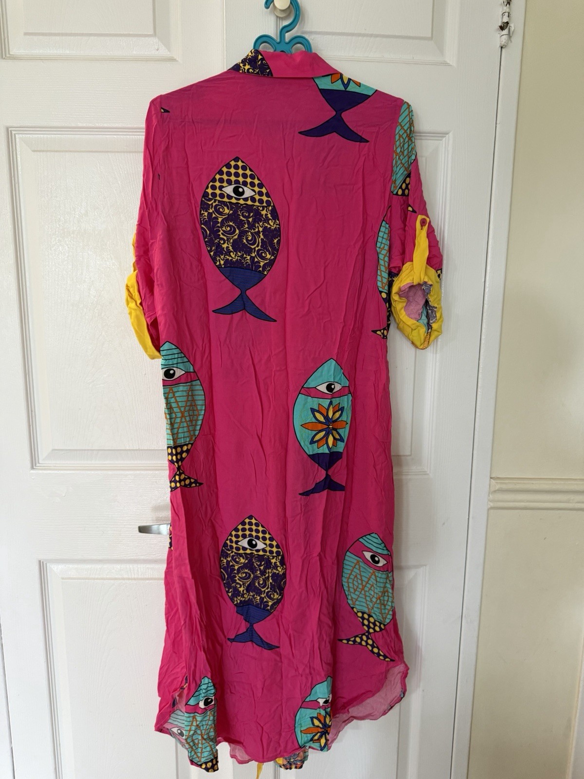 Moda Bright Pink Fish-Print Button-Down Maxi Dress with Turquoise Accents