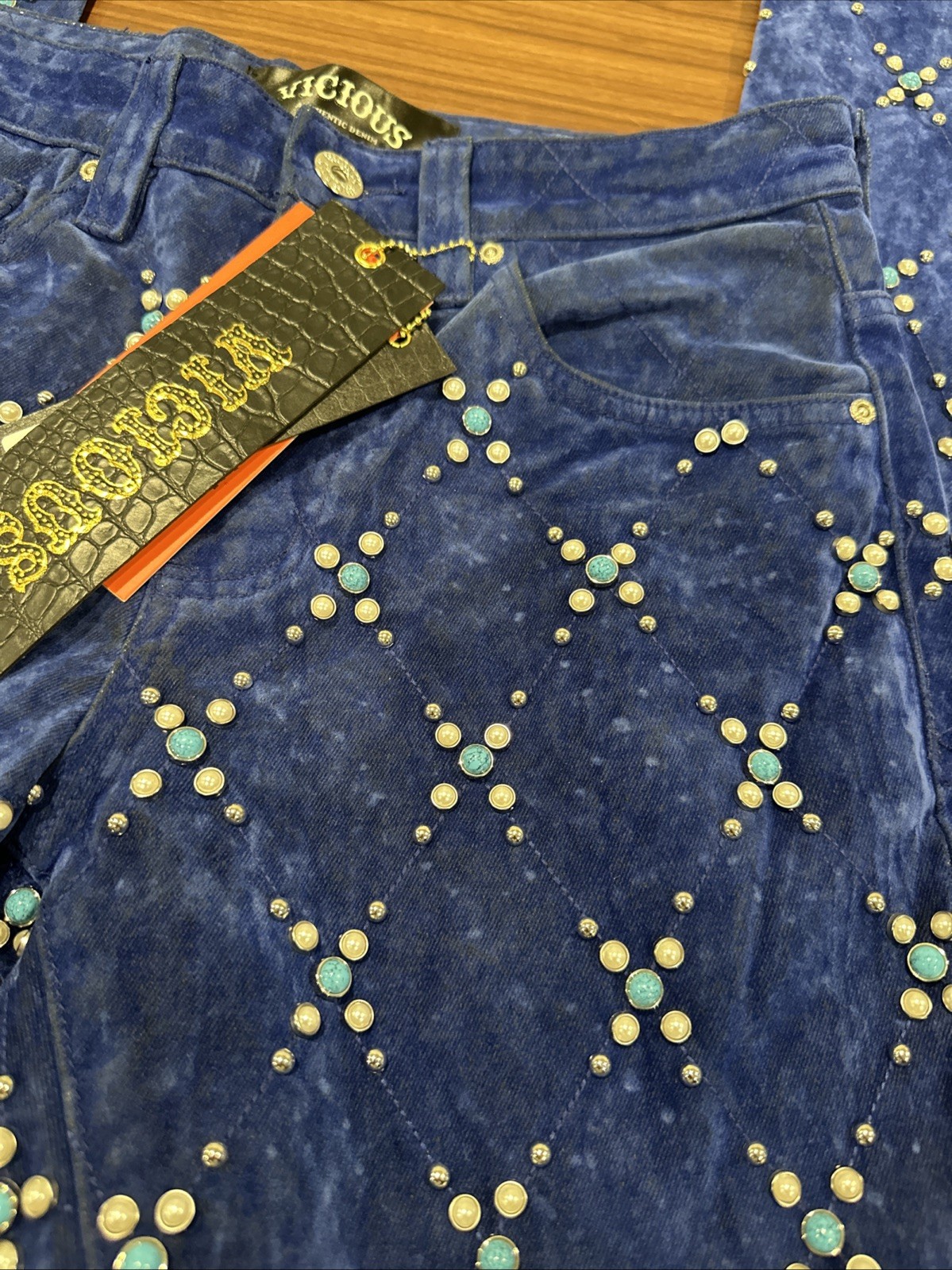 Viscious Velvet Jean Royal Size 30×34 Embellished Turquoise/Pearl/Studded Jewels