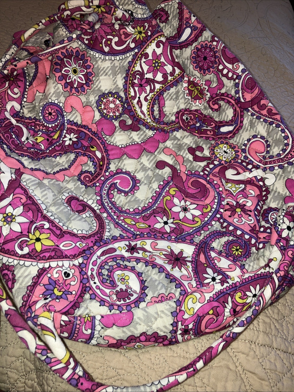 VERA BRADLEY Pink “Paisley Meets Plaid” Quilted Drawstring Cinch Backpack-Clean-