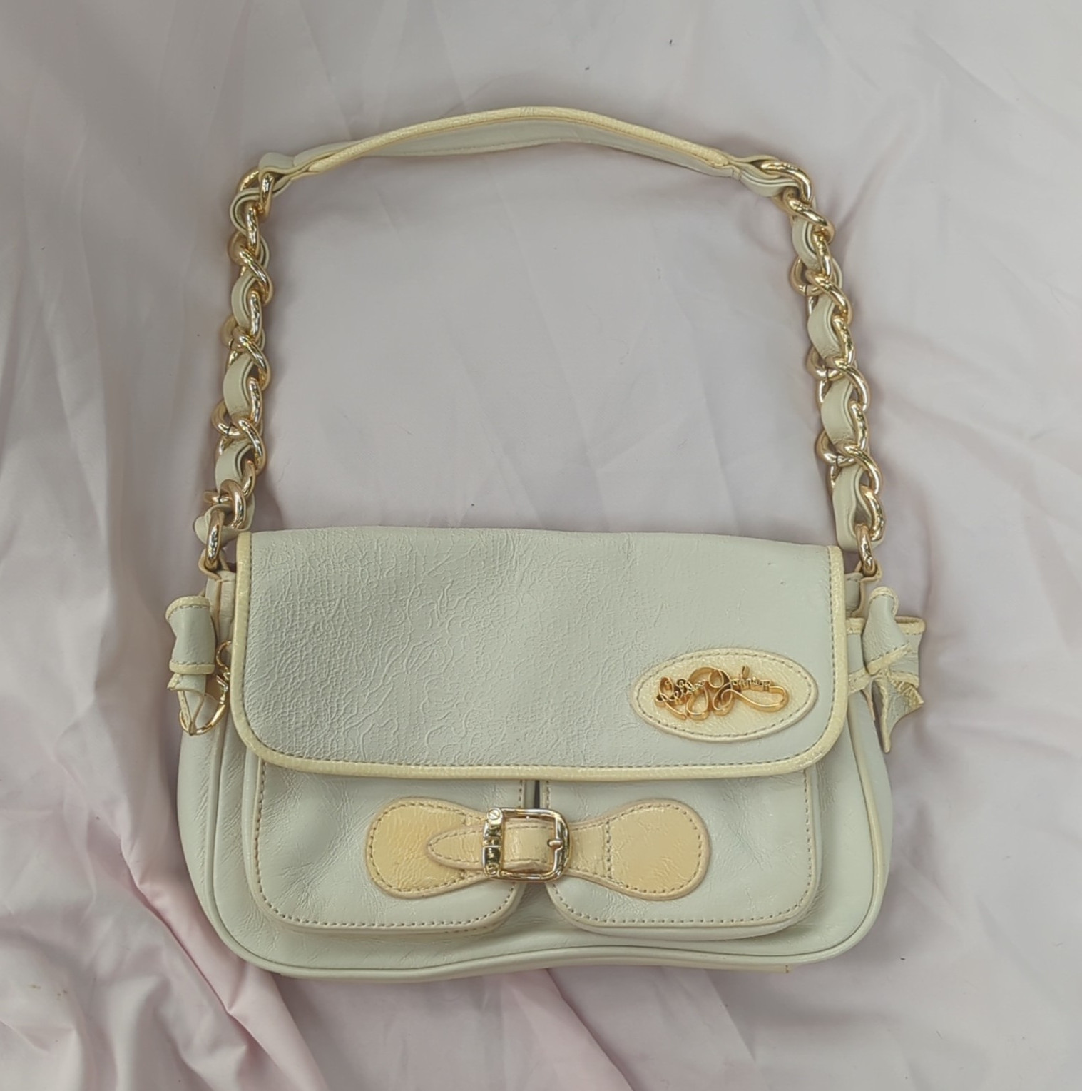 Betsey Johnson Ivory Small Shoulder Bag Gold Chain Strap Pink Gingham Lining