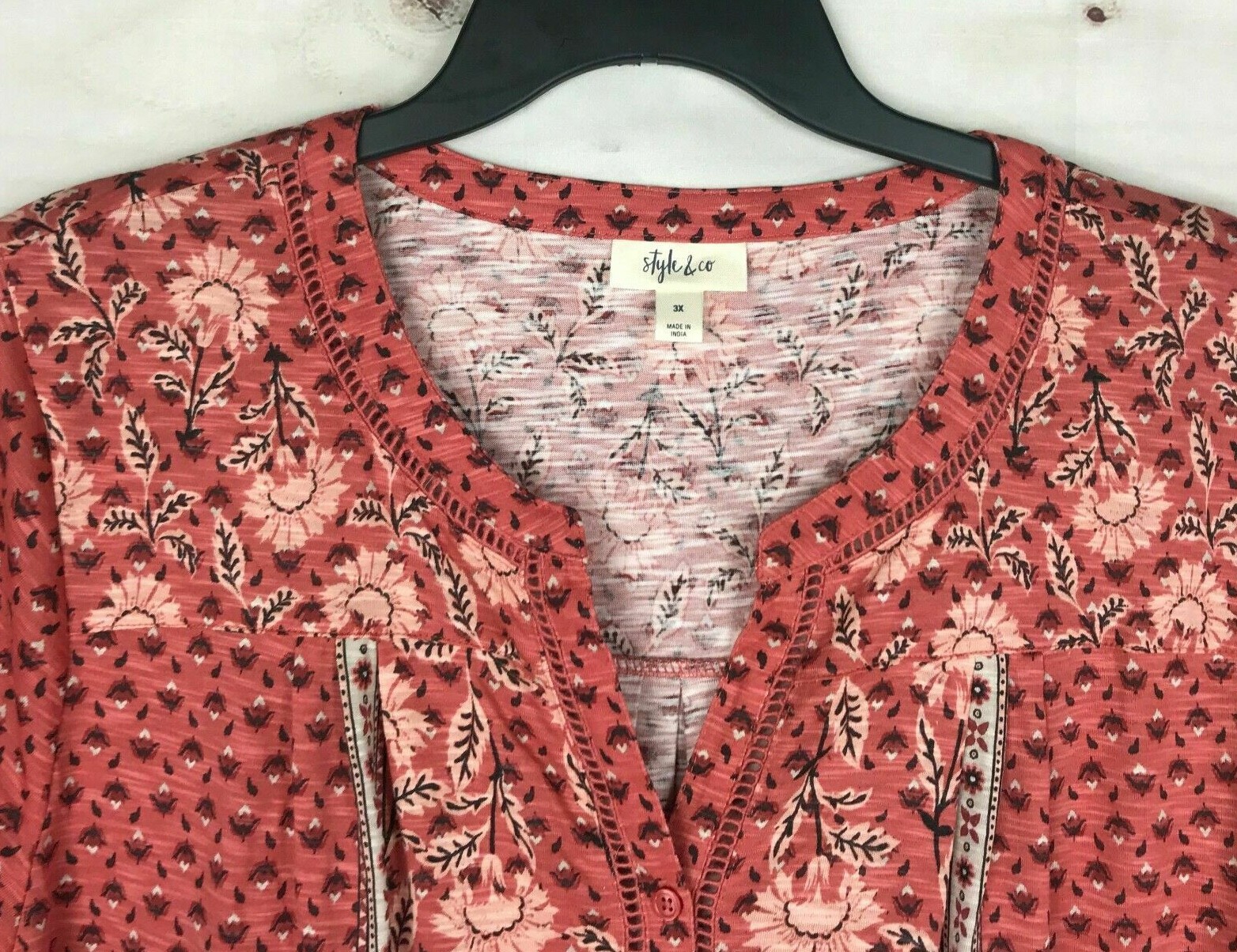 Style&Co Women’s Orange Ladder Trim Roll Tab Sleeve Top Plus Sizes 0X/1X/2X/3X