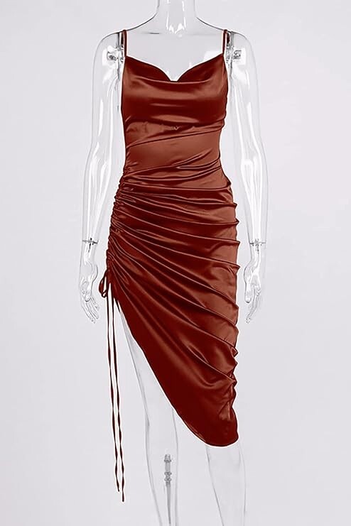 Women’s Plus Size Satin Cowl Neck Side Drawstring High Slit Party Dress, XL (B33