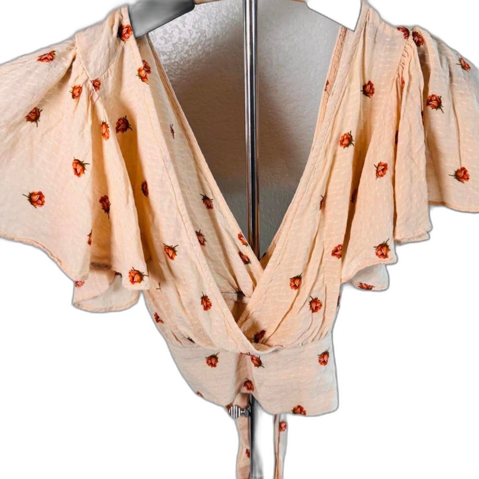 Forever-21 Y2K cream floral tie front blouse small