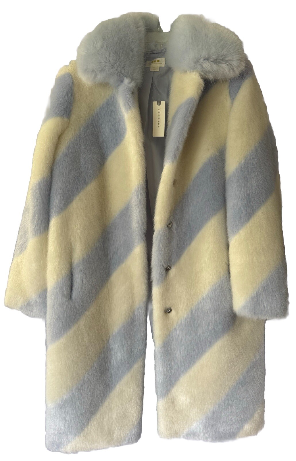 Maeve Anthropologie Faux Fur Coat- Ice Blue White Striped Unisex New With Tag XS