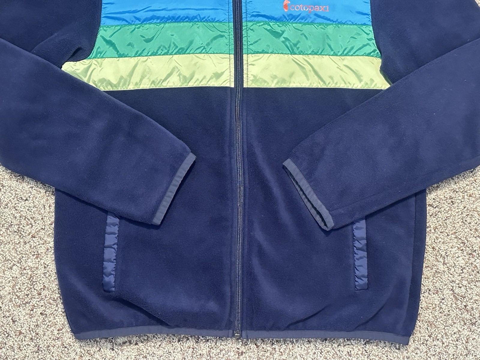 Cotopaxi Teca Striped Hooded Full Zip Fleece Jacket Blue Medium