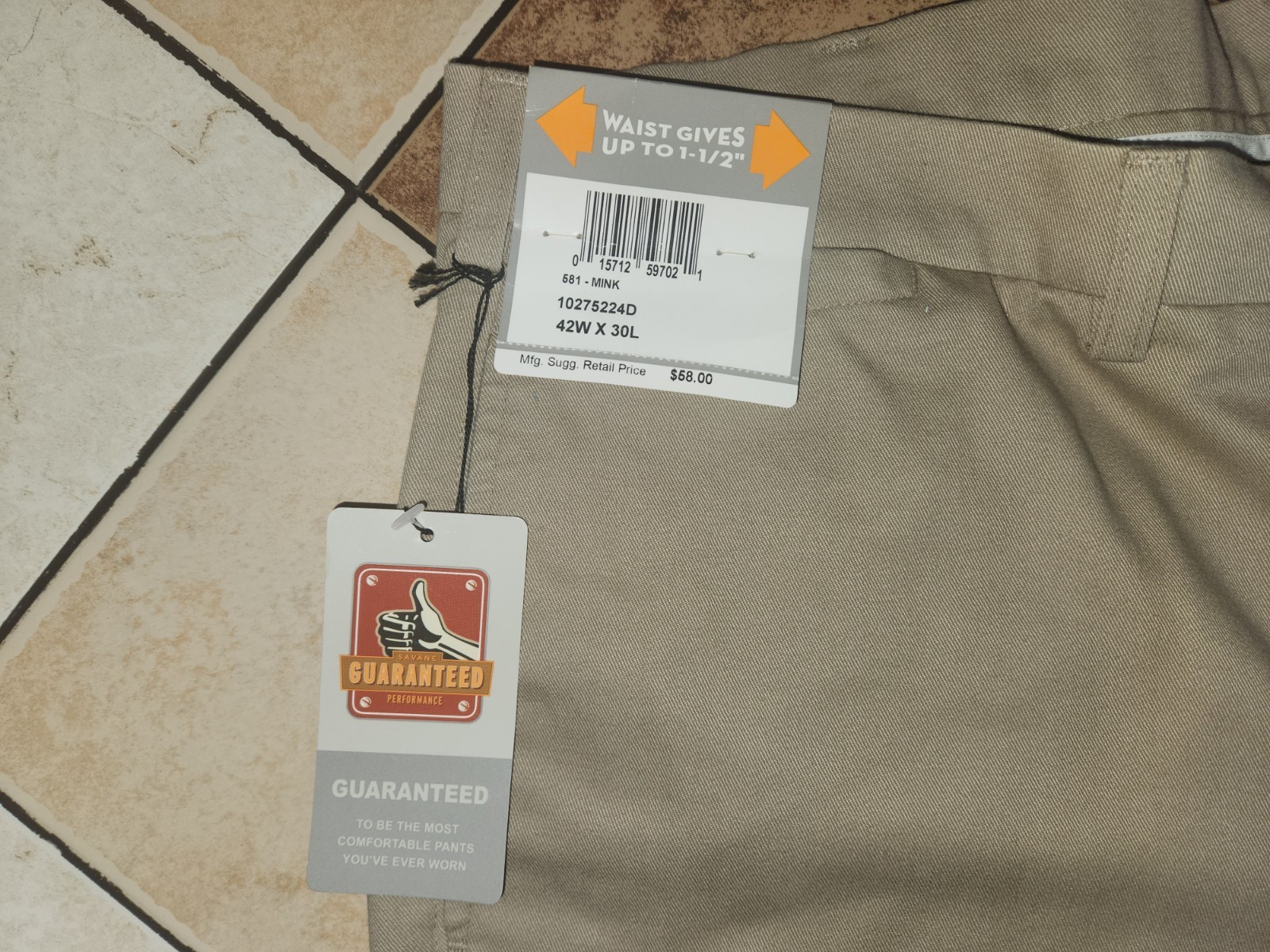 Savane Motion Men’s 42W X 30L Tan Khaki Mink Flat Front 100% Cotton NWT