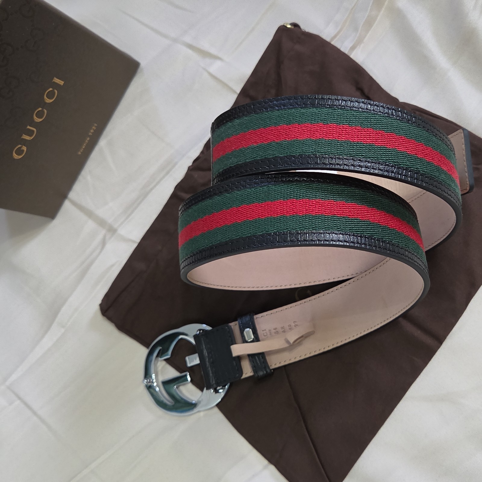 Authentic Gucci Black Green And Red Striped Belt, Men Size 34-36 IT 100CM