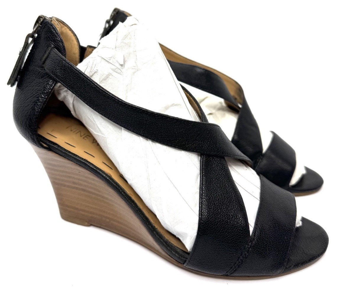 Nine West Women’s Black Leather Wedge Sandals Strappy Peep Toe Size 7M