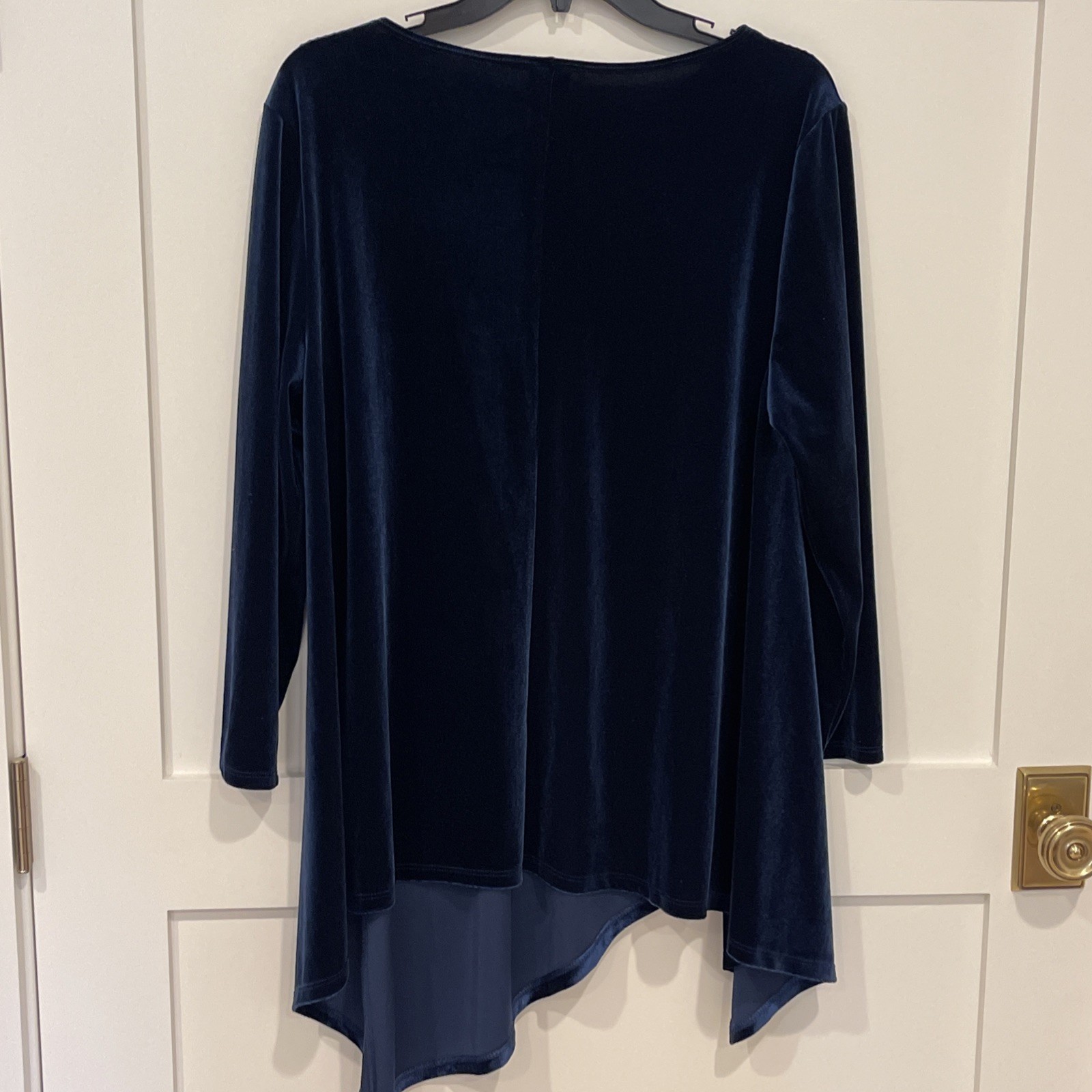Lisa Bayne Velvet Top Womens Large Navy Blue Asymmetric Stretch Artsy Lagenlook