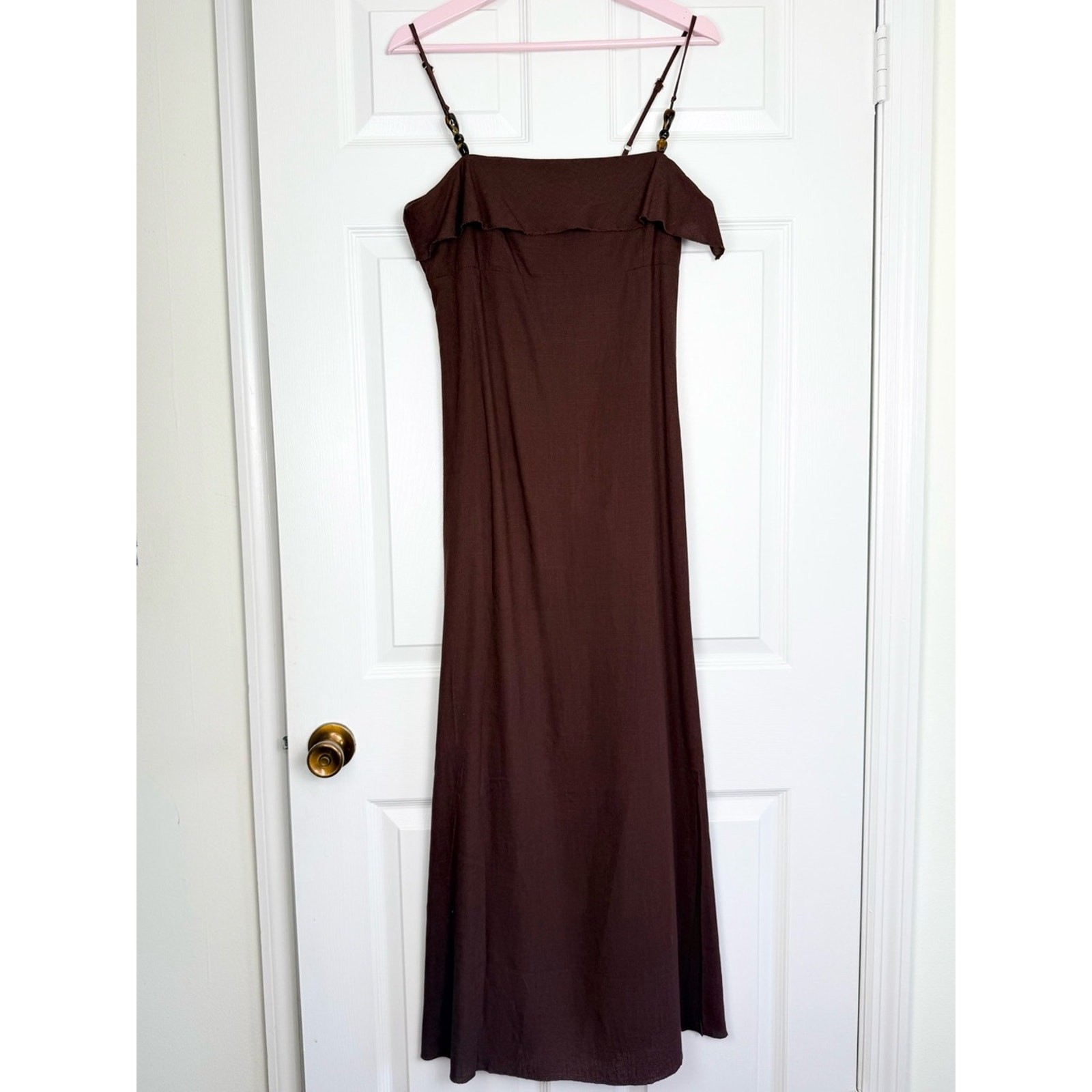 NWT Paper Heart LINEN Blend Chocolate Brown Maxi Dress with Adjustable Straps M