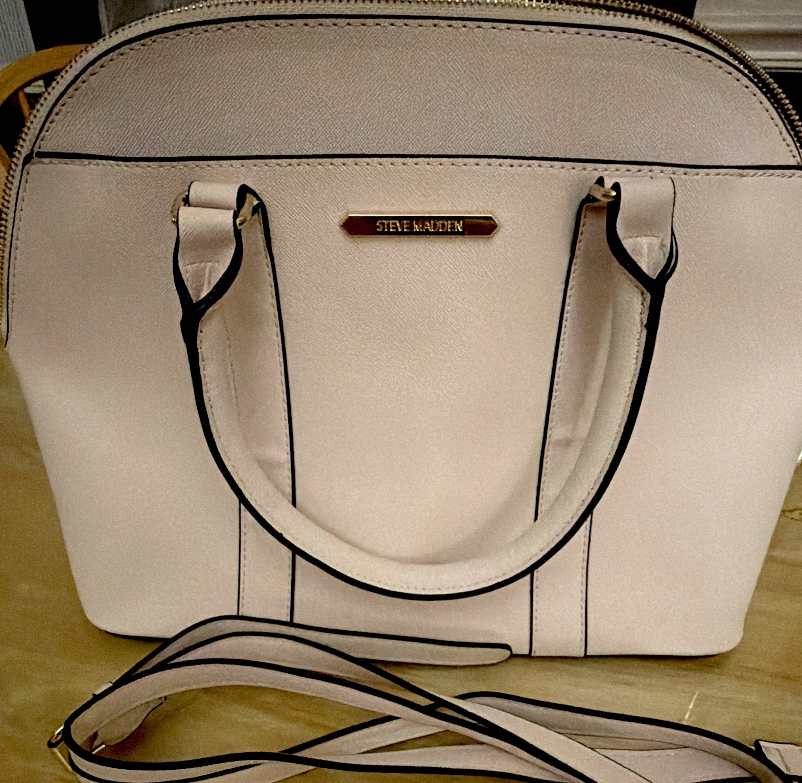 Steve Madden Beige Satchel Top Handle Bag Zip, Detachable Strap, Gold Hardware