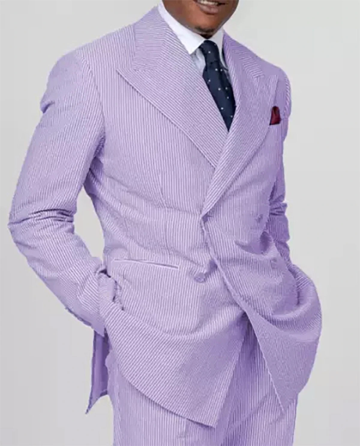 Wide Striped Men Suits Double Breasted Business Seersucker Slim Fit Peak Lapel