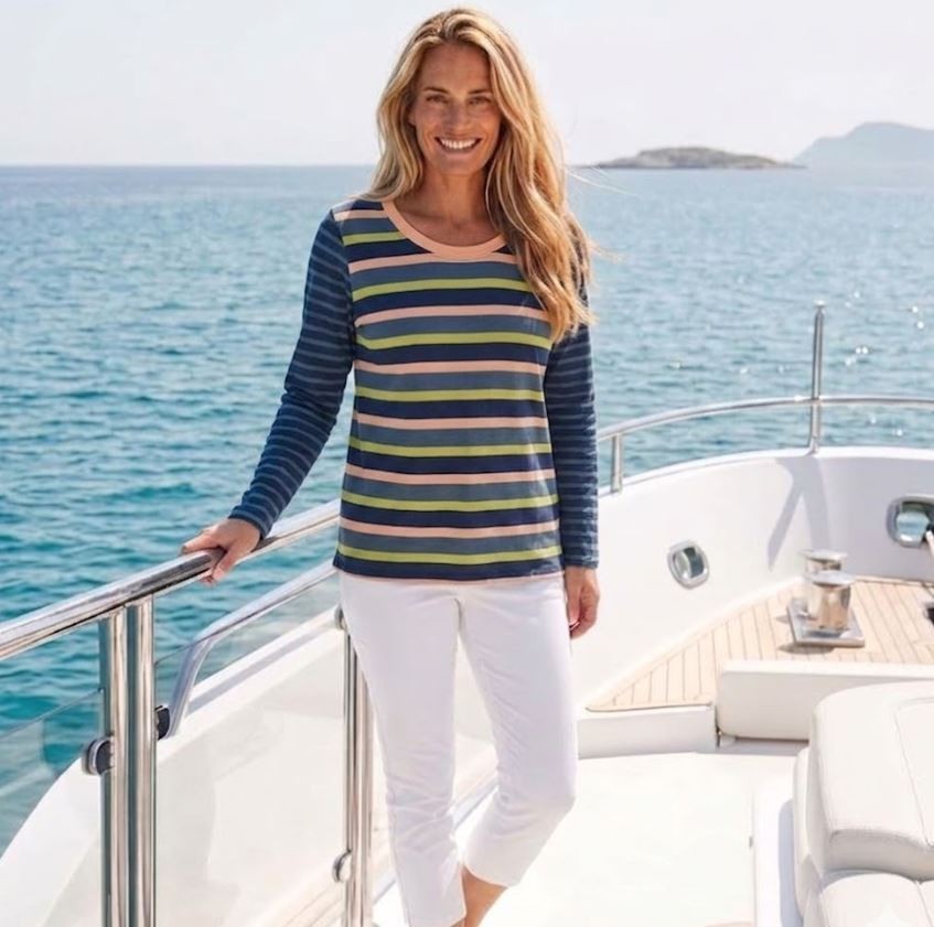 WHITE STUFF blue pink lime green COTTON BRETON STRIPED T shirt top Size 16