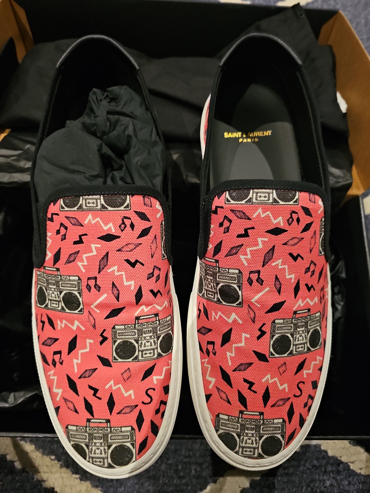 NIB Mens YSL Saint Laurent Venice Slip On Radio Graphic Sneakers sz 45 EUR Pink