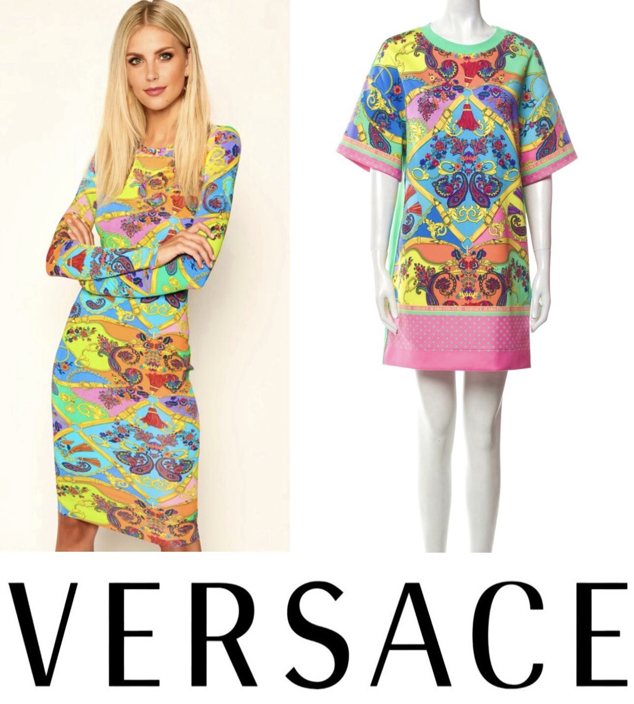 New 2019 Versace Jeans Diane Pink Blue Print Shift Dress 44 46 48 8 10 12 S M L