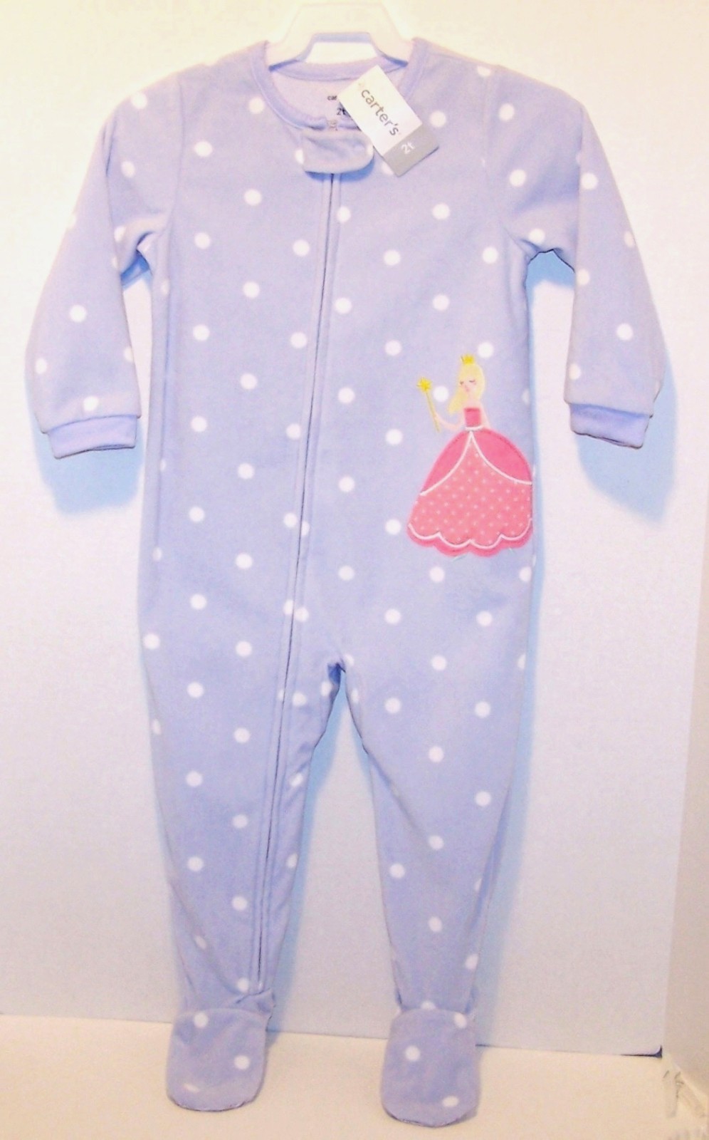 New CARTERS 1pc FLEECE Zip FOOTED Blue White Dot PRINCESS PAJAMAS PJs 24 months