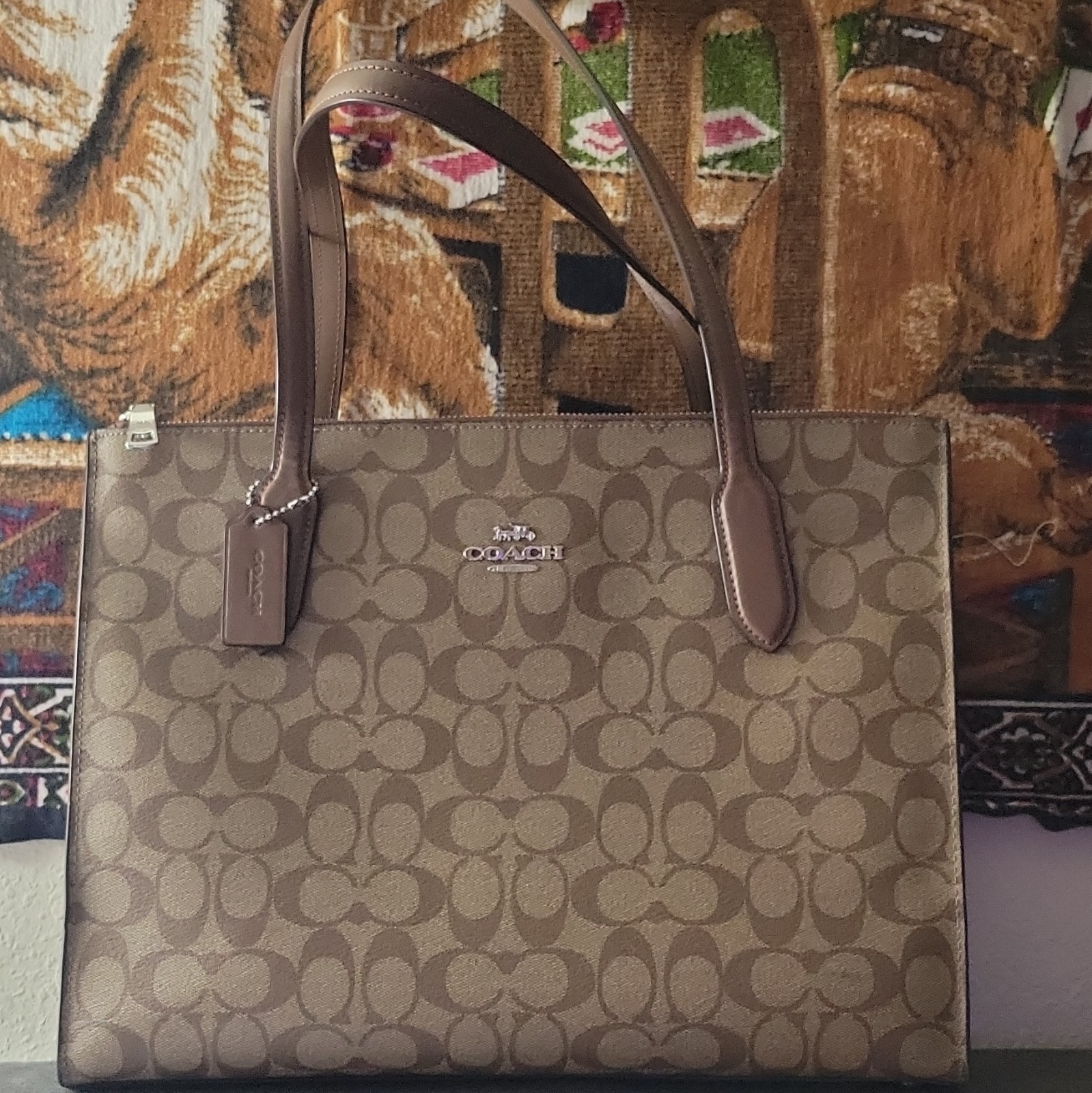 Coach Signature Logo Tote Zip Top Brown/Beige w/ Charm Silver Hardware