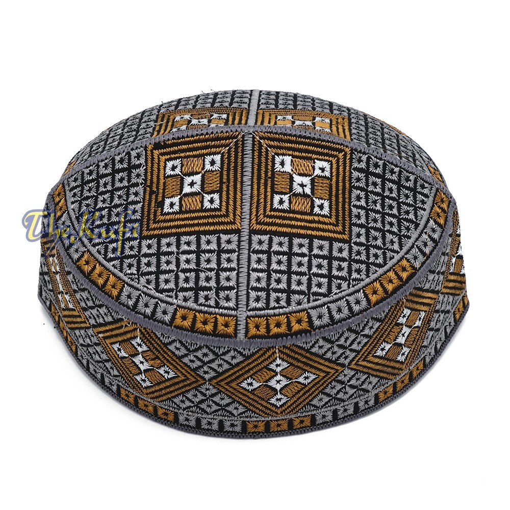 Dark Gray Rust Brown Embroidered Diamond Design Semi-rigid Pakistani-style Kufi
