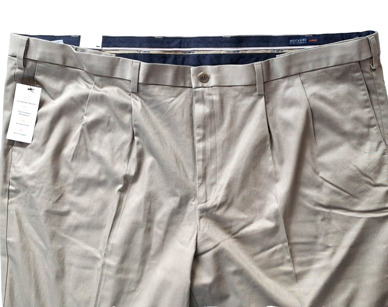 Dockers Pants 52 X 30 Big & Tall Light Khaki Classic Fit Pleated Flex Comfort