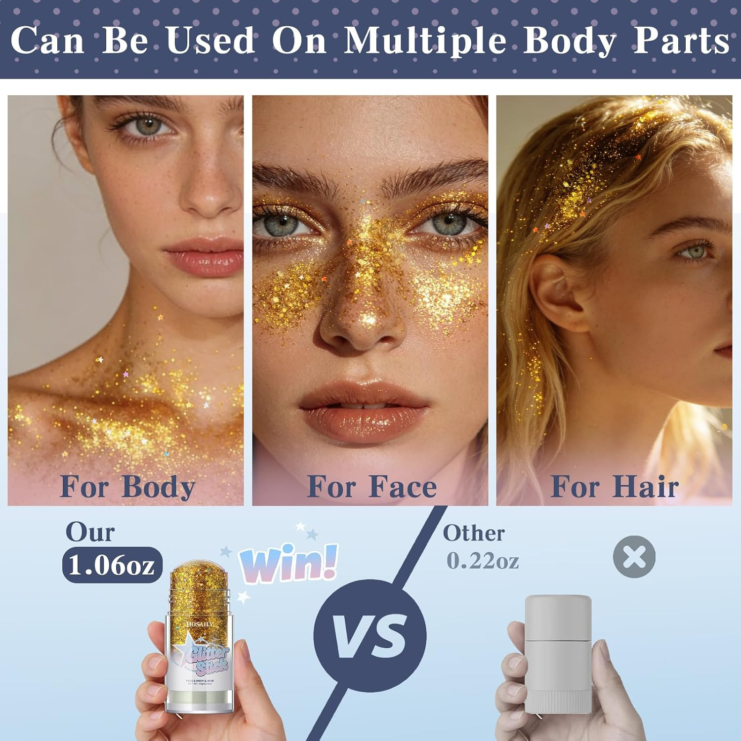 Gold Body Glitter Stick, Holographic Fairy Costume Makeup Face Hair Glitter Stic