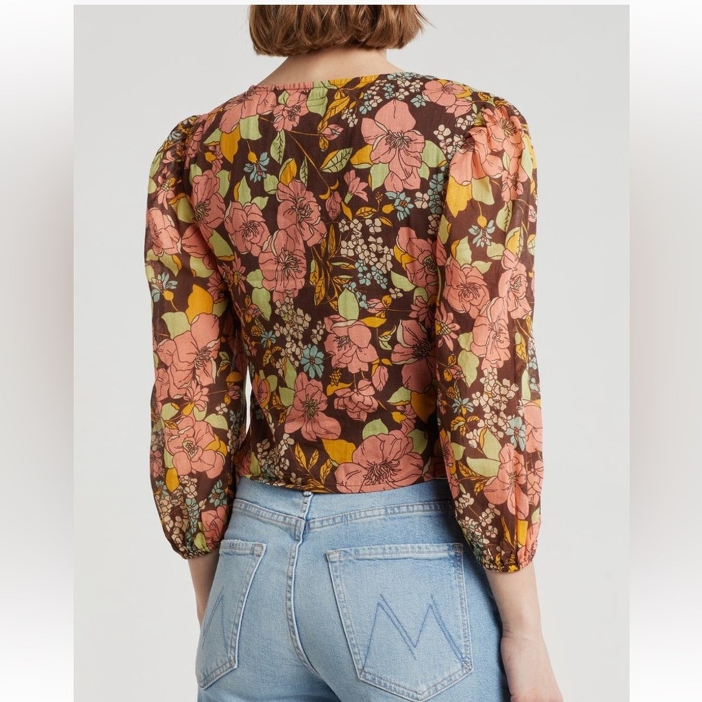 MOTHER Floral Ruched Tie-Front Crop Top — Brown, Pink & Green