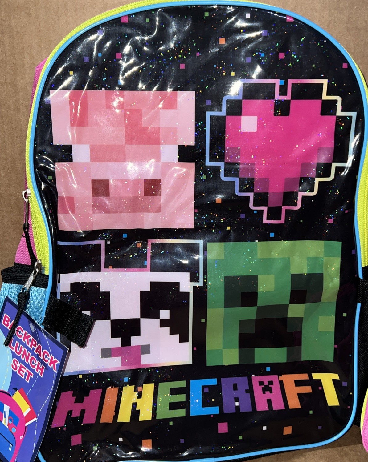 MINECRAFT CREEPER PINK 16″Backpack w/ Detachable Insulated Lunch Bag NEW & RARE