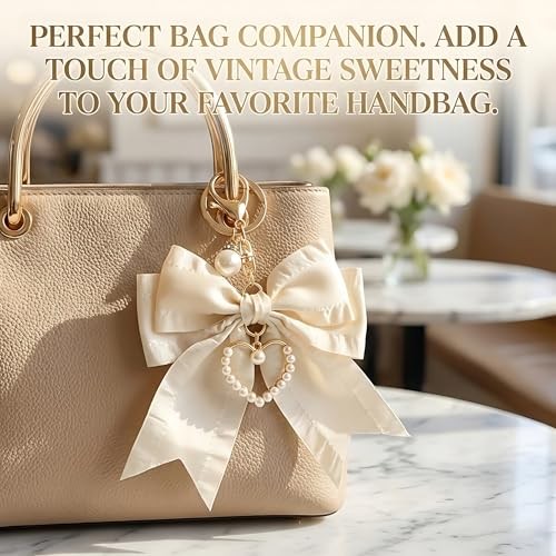 2Pcs Cherry Keychain & Pearl Bow Keychain, Sparkly White & Rhinestone Bow