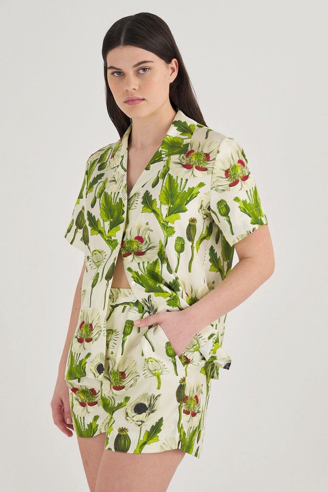 Oroton Garden Poppy Camp Shirt Size 12 AU / 8 US Silk Botanical Green