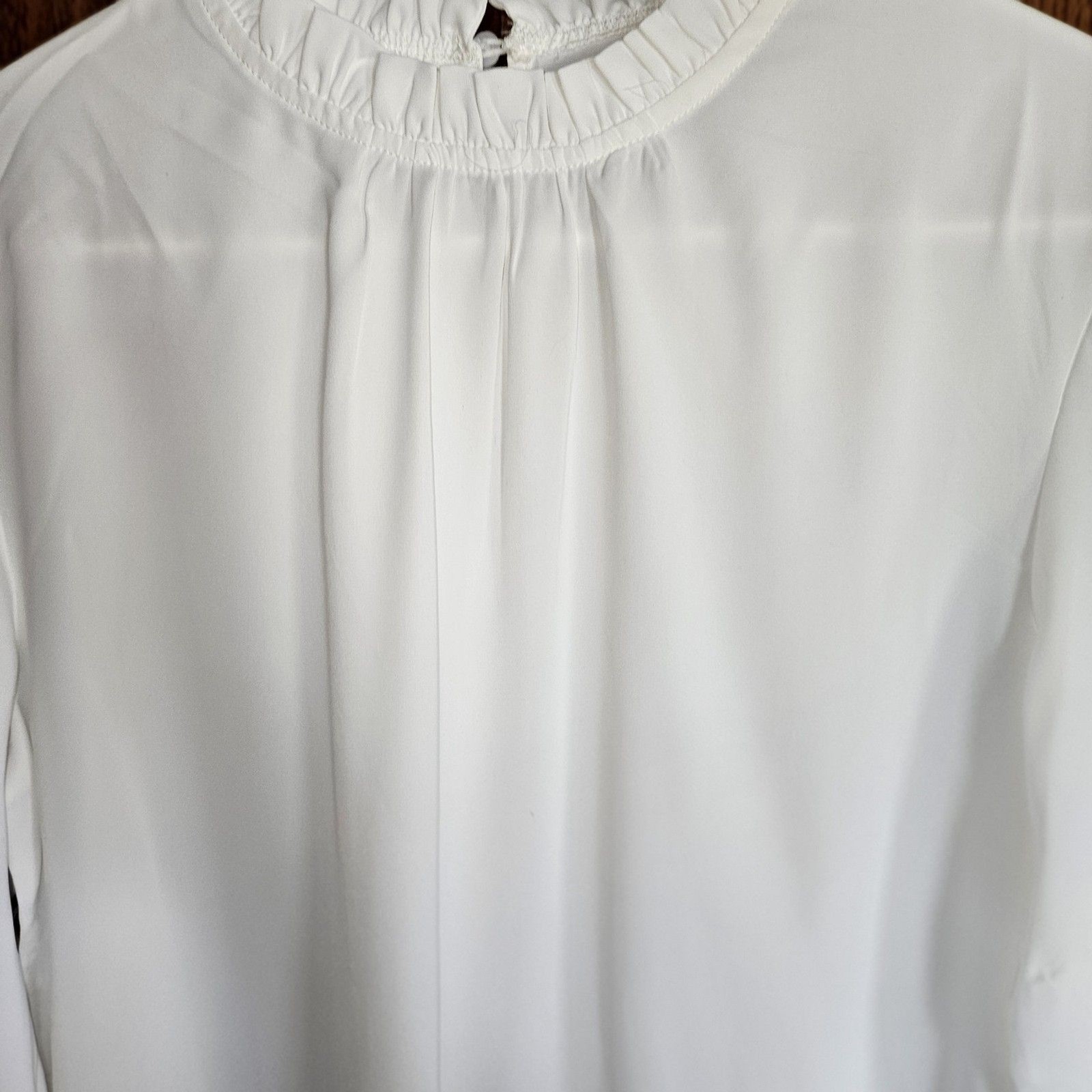 NEW LYANER White Frill Mock-Neck Blouse Small | Pleated Long-Sleeve Feminine Top