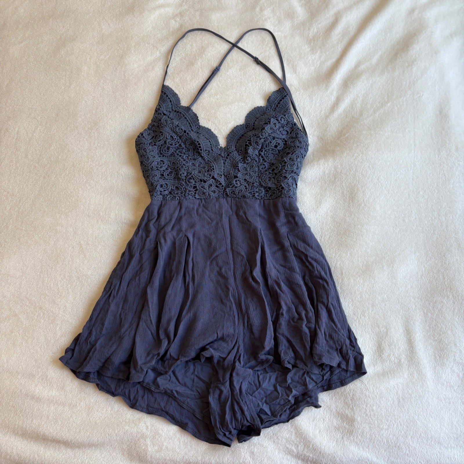 Boho Crochet Lace Backless Romper Navy Blue Festival Summer Sun Dress Size M