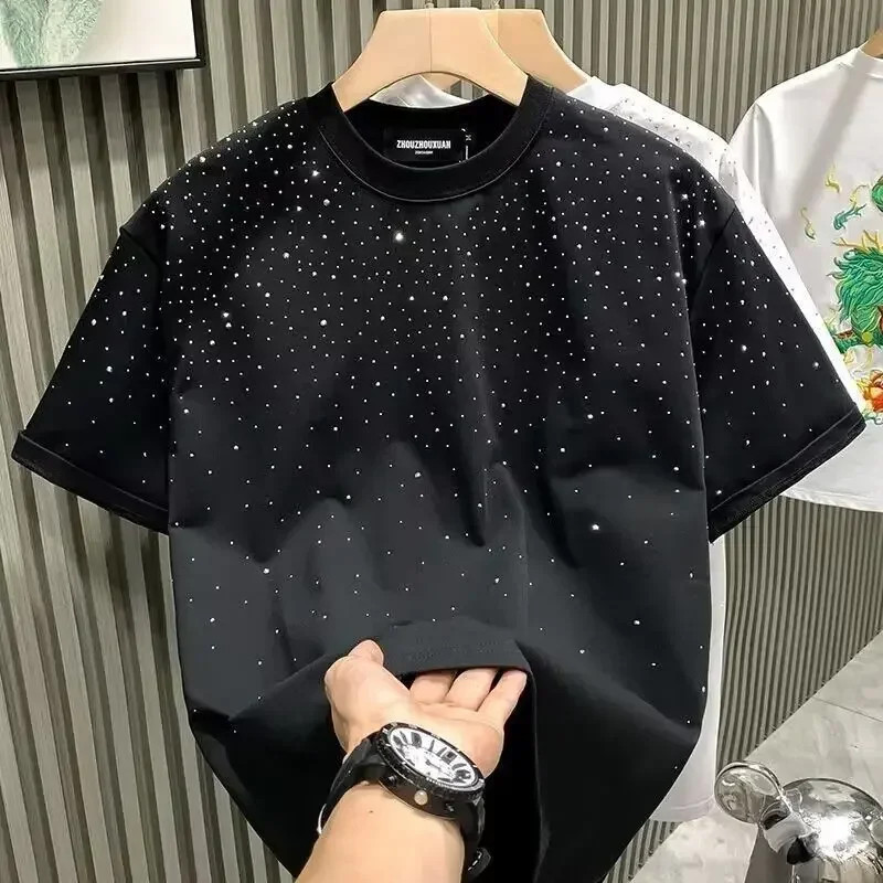Summer Rhinestone Rivet T-shirt for Men Clothing Round Neck Casual T-shirt