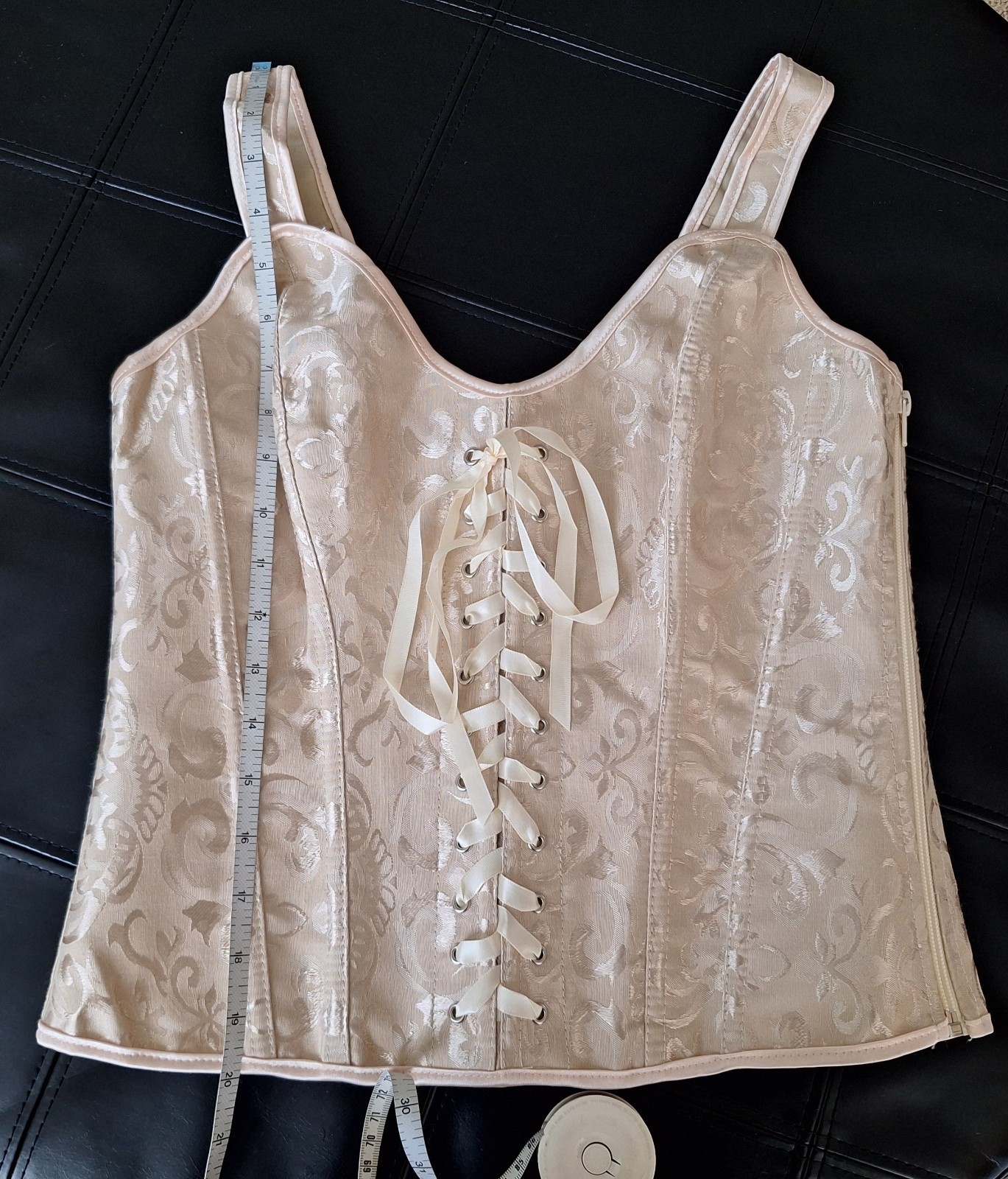 NEW Beige Satin Jacquard Strap Bustier Ribbon Lace up & Zipper Closure Corset L