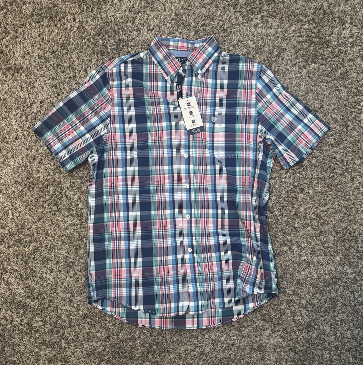 Chaps Men’s Easy Care Plaid Short Sleeve Button-Down Shirt Blue Pink White M NWT