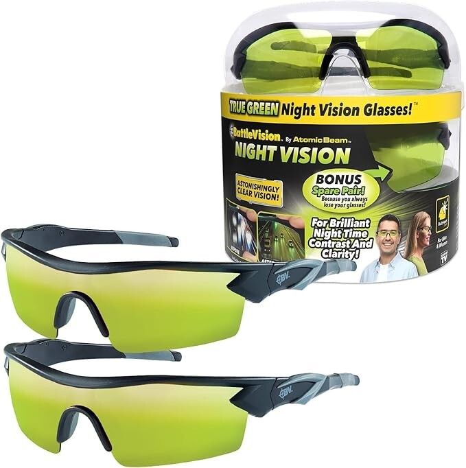 See Clearly At Night! Battle Vision Night Glasses Black w/ Green Lens Wrap Flex