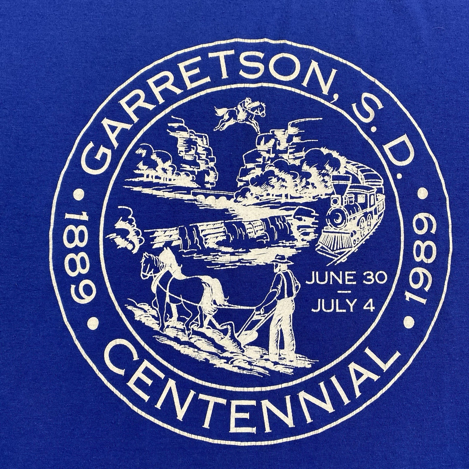 VTG 1989 Garretson SD Centennial T-Shirt XL Russell Athletic USA Blue