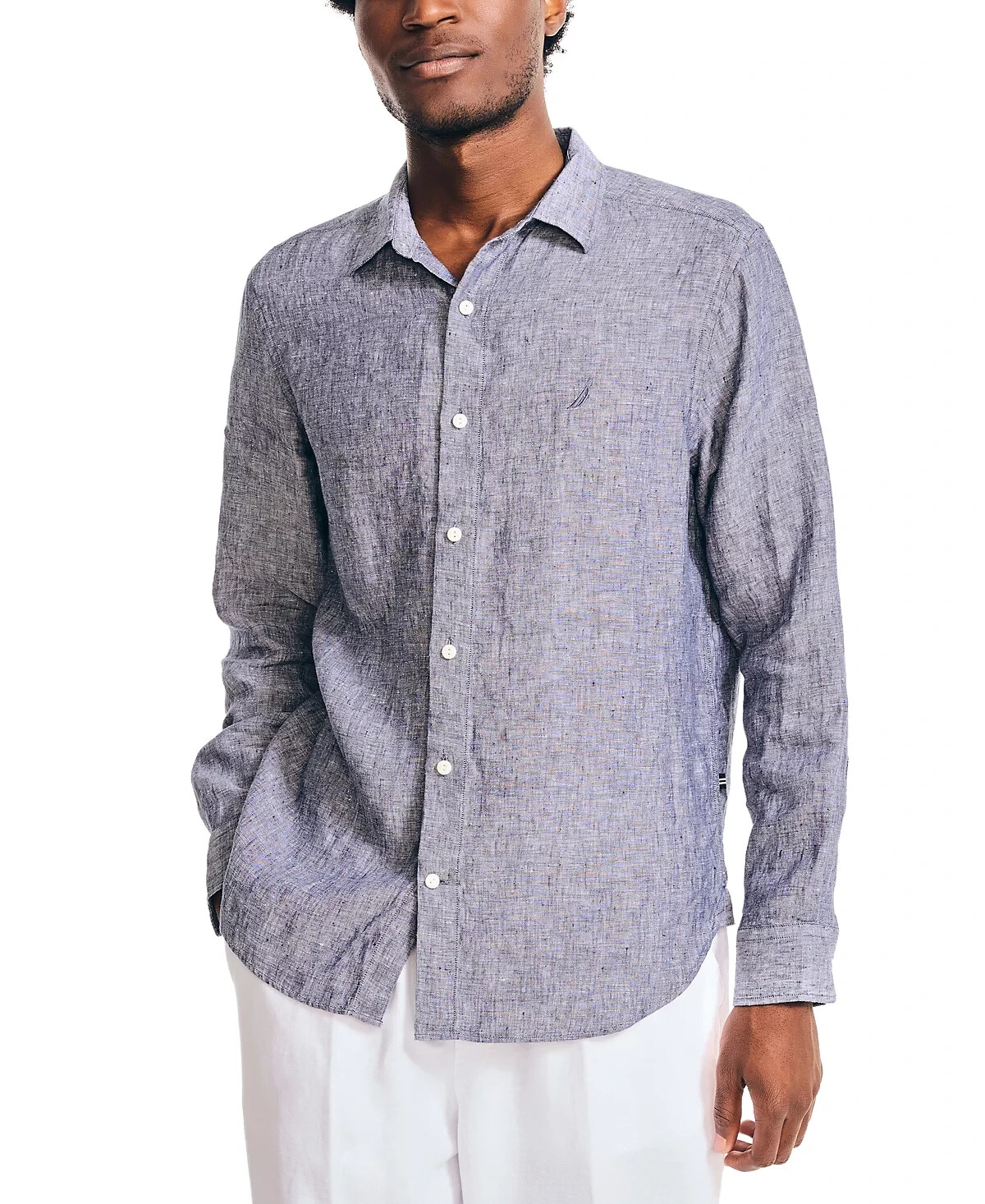 NAUTICA Mens Navy Seas Blue 100% Linen Long Sleeve Front Button Shirt NEW Large