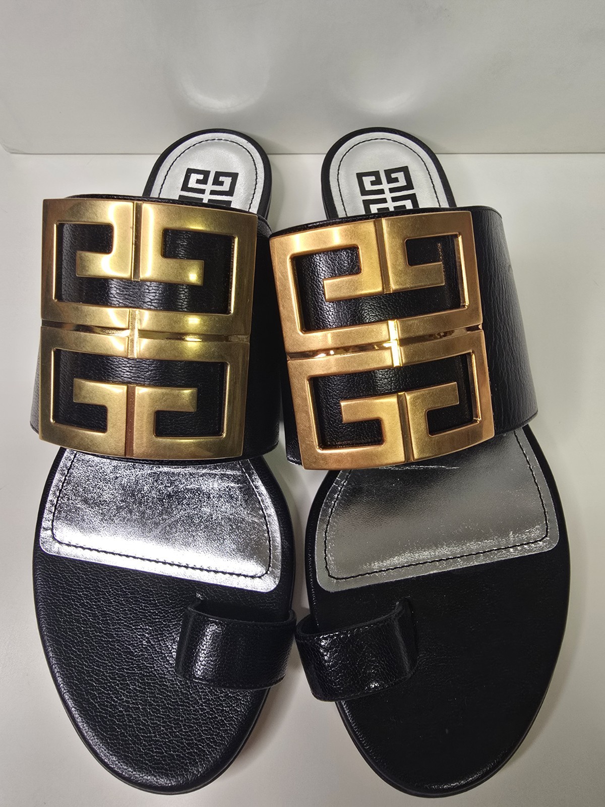 Givenchy 4G Logo Sandals Black Leather Gold Tone Hardware Women’s EU 38