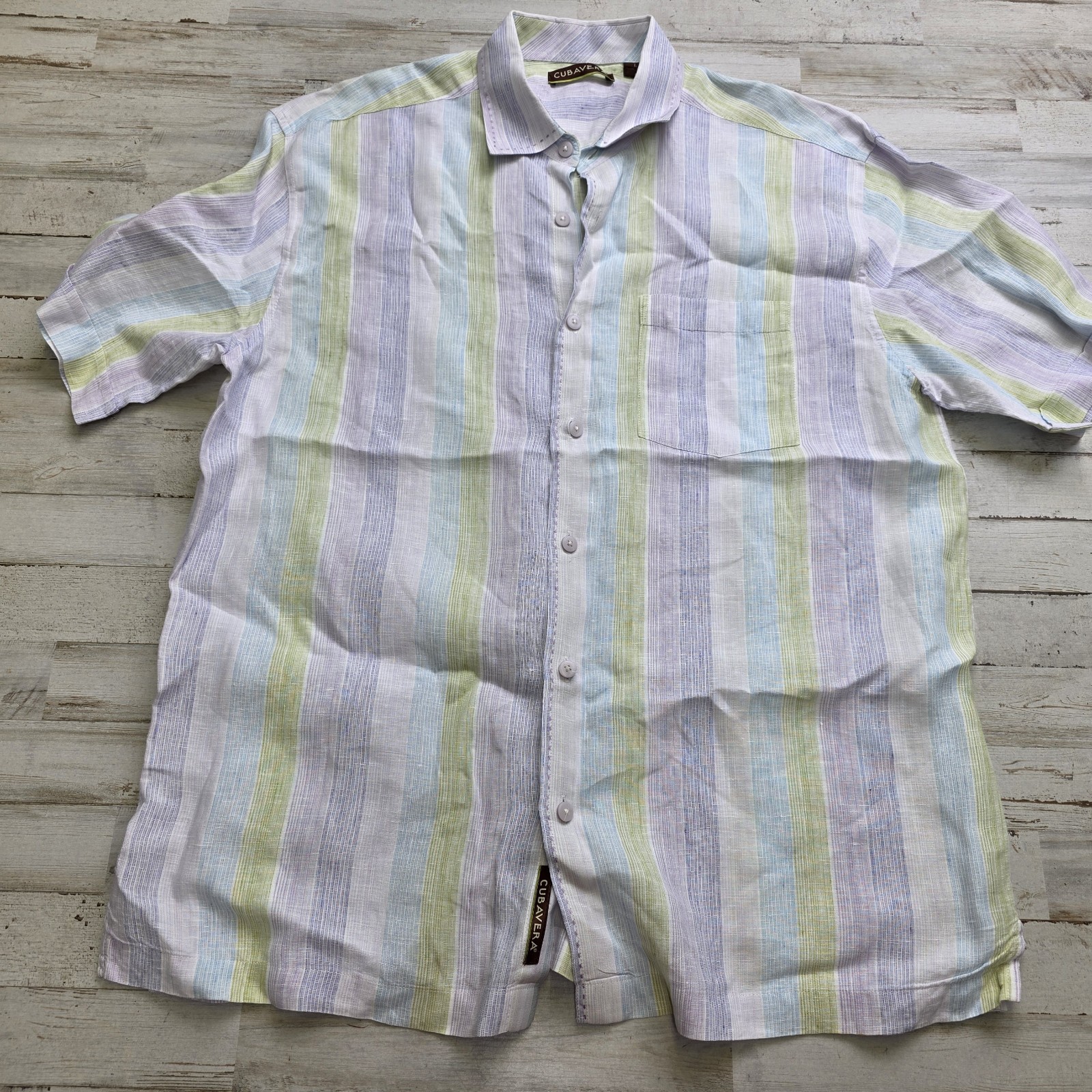 Cubavera Mens Shirt LG Button Down Pastel Stripe Casual Short Sleeve 100% Linen