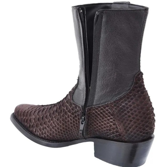 White Diamonds Men’s Python Leather Western Cowboy Ankle Boots Brown Side Zipper